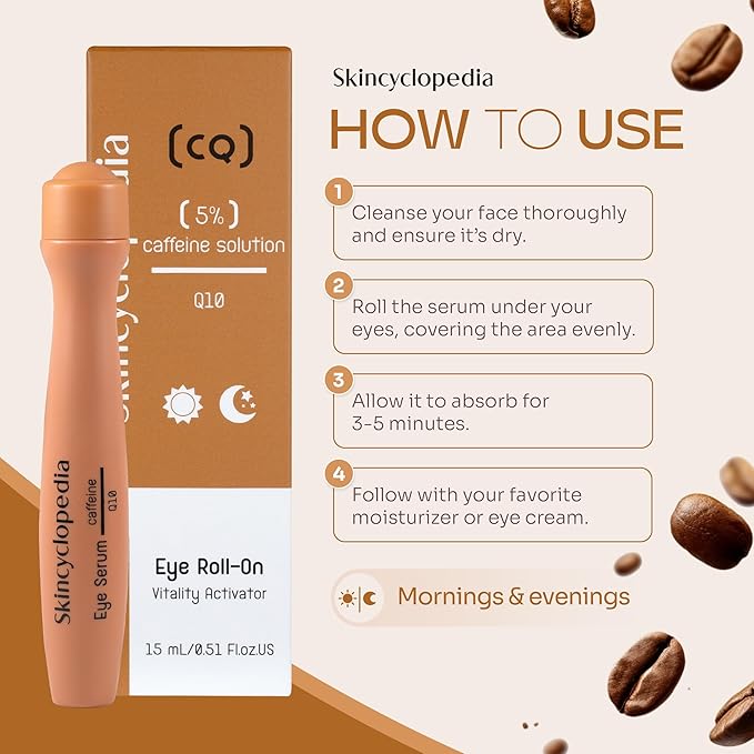 Under Eye Roll-On with Caffeine & Q10, Cooling Roller, Energizing Serum for Dark Circles & Under Eye Dark Spots, Puffiness Bags, Fine Lines & Wrinkles, Deep Hydration Activator.