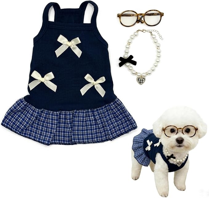 Dog Dresses, Plaid Pet Dress with Glasses and Pearl Necklace, Cute Pet Clothes Outfit Breathable Puppy Skirt Costume for Small Dog Cat Girls, Parties & Photos Favorite (Navy Blue, S)