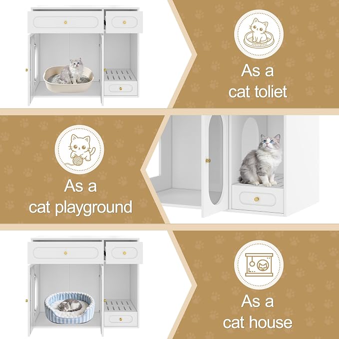 37.4 Inch Hidden Litter Box Furniture with Storage Drawers, White | App-Controlled LED Light, Multi-Entry Maze, 2 Storage Drawers, Side Litter Collection Drawer and 220 lb Top Capacity