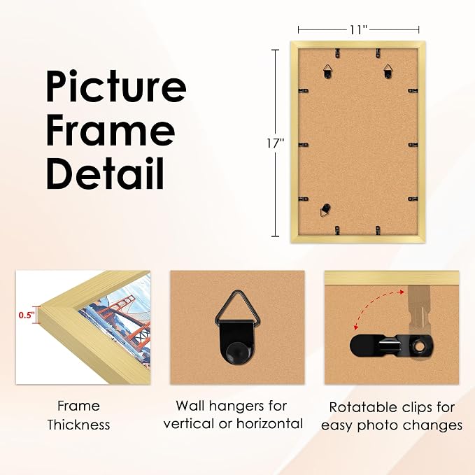 11x17 Picture Frame Gold Set of 2, Photo Frame with HD Plexiglass, Display Pictures 9x15 with Mat or 11x17 Without Mat, Gold Picture Frames Collage Wall Decor, Gallary Wall Frame