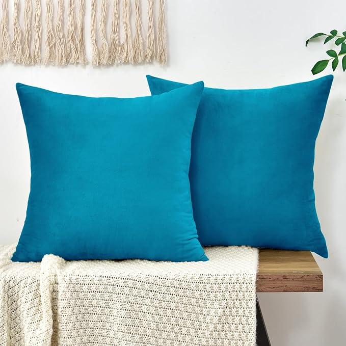 Throw Pillow Covers Decorative Velvet Set of 2 16x16 Inch Pillow Covers, Soft Teal Pillowcases for Couch Sofa Bed Living Room, Farmhouse Home Boho Decor, Square Accent Cushion Covers