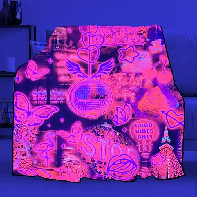 Blacklight Pink Collage Throw Blankets UV Reactive Aesthetic Throw Blanket Glow in the Dark Under Black Lights Game Room Decor Soft Throw Gifts 59x51 Inches