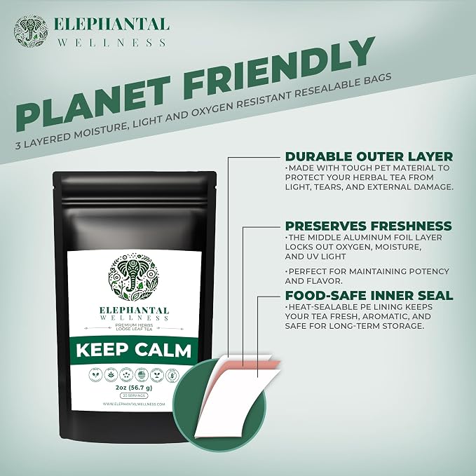 Elephantal Wellness Keep Calm Herbal Tea | Stress Relief & Mood Support with Ashwagandha, Lemon Balm, Chamomile, Valerian & St. John’s Wort | Handmade, Caffeine-Free Loose Leaf Blend | 2oz, 20 Servings
