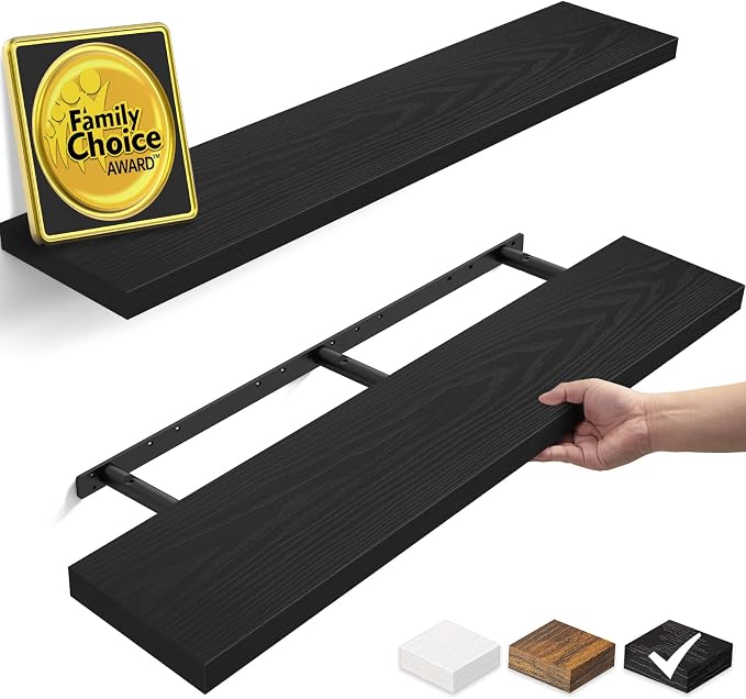 BAYKA Black Floating Shelves 47.2in, Set of 2, Wall Mount Rustic Wood Shelf | Easy Install, 30lbs Max Load, Hidden Bracket, for Bathroom Bedroom Coffee Bar Book Storage Decor, Multi-Wall Compatible