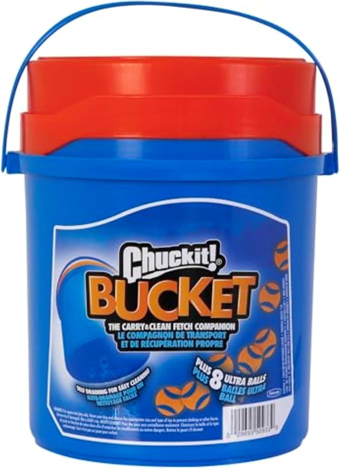 Chuckit! Ultra Ball Dog Toy with Cleaning Bucket, Medium 2.5-in, 8-Pack | Bouncy Fetch Balls Made of Durable Rubber for Dogs 20-60 lbs Pair with a Cleaning Bucket for Easy Storage and Play
