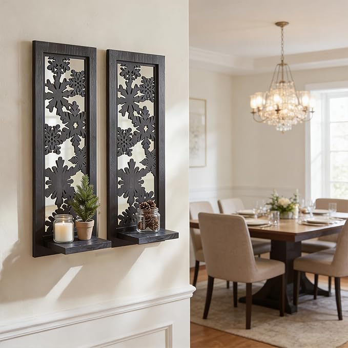 ZEXUIRU 2 Set Rustic Candle Sconces Living Room Bedroom Entryway Wood Mirrored, Farmhouse, Carved Frame Wall-Mount Wooden Candle Holders Wall Decor Hanging Handmade Holder - Black