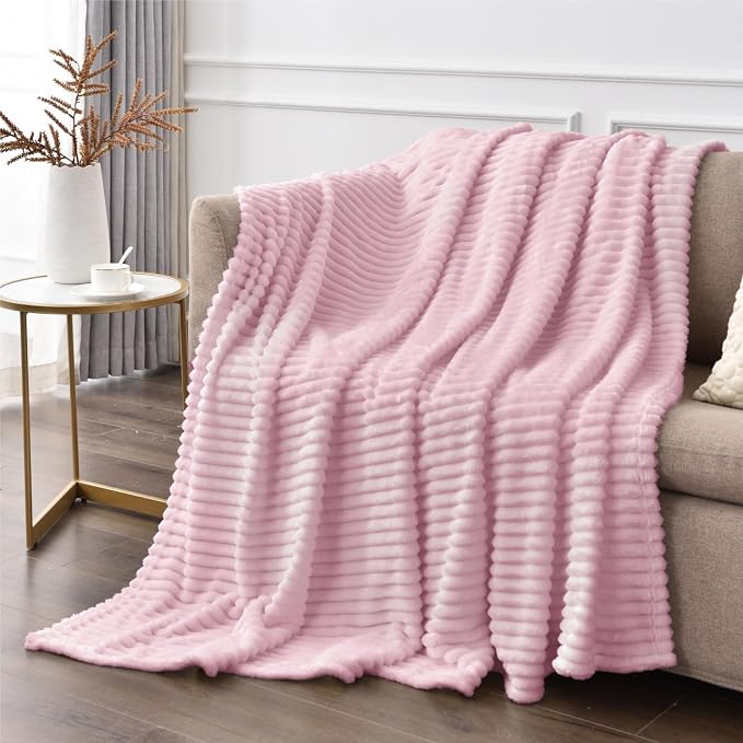 BEDELITE 3D Ribbed Cherry Blossom Fleece Twin Blanket for Bed, 60x80 Inch | Soft Warm Decorative Fluffy Blanket, Cozy Plush Lightweight Fuzzy Throw Blanket for Couch Sofa Room Decor, Gift for Women