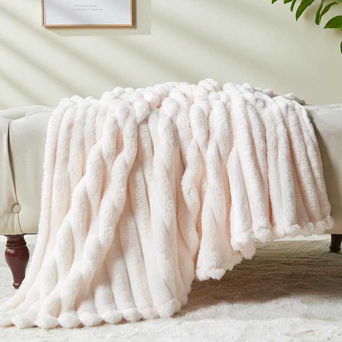 NEWCOSPLAY Fleece Ribbed Cozy Throw Blanket for Couch, Ivory, 50"x60" | Premium Silky Flannel Blanket, Soft Lightweight Fluffy Throw Blanket for Bed Sofa Decor, Gift for All Season Use