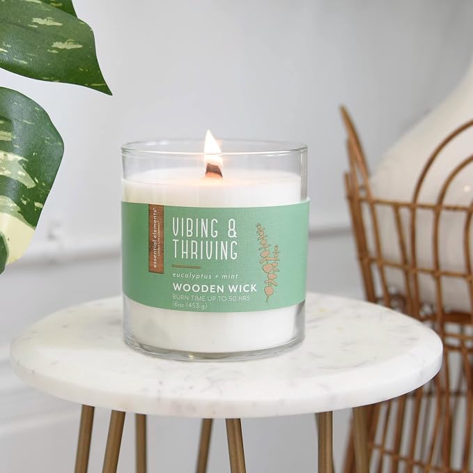 Essential Elements by Candle-Lite Company Wood Wick Scented Candle, Vibing & Thriving, One 16 oz. Single-Wick Aromatherapy Candle with 50 Hours of Burn Time, White (Pack of 2)