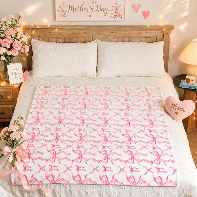 Pink Bow Throw Blanket –Spring Mother's Day Soft Fleece Blanket for Girls and Women, Coquette Aesthetic Room Decor for Bed, Couch, Chair, Preppy Bedroom or Gift, Cute Pink Bow Decor Blanket
