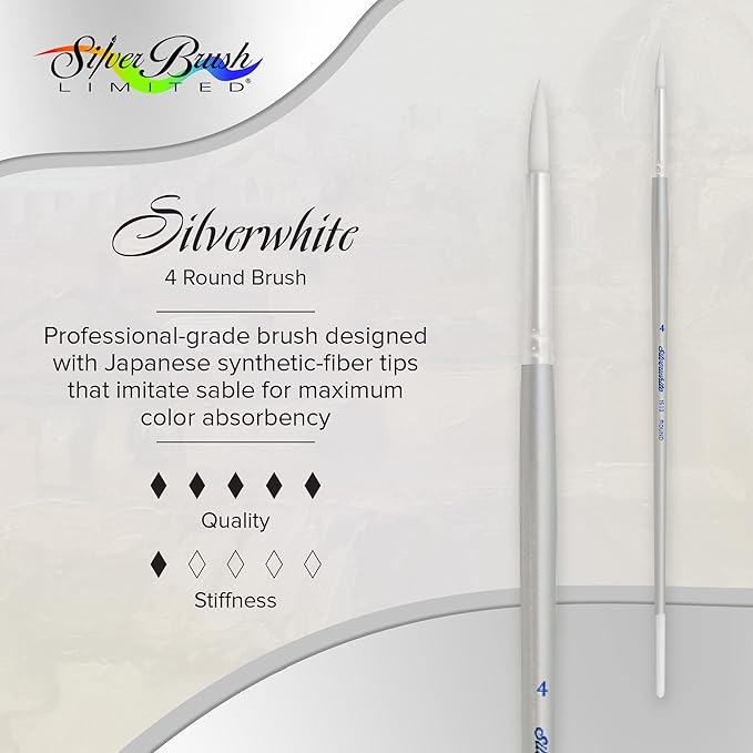 Silver Brush Limited 1500 Silverwhite Round Brush, Watercolor, Acrylics, Gouache, or Oil Brush, Size 4, Long Handle