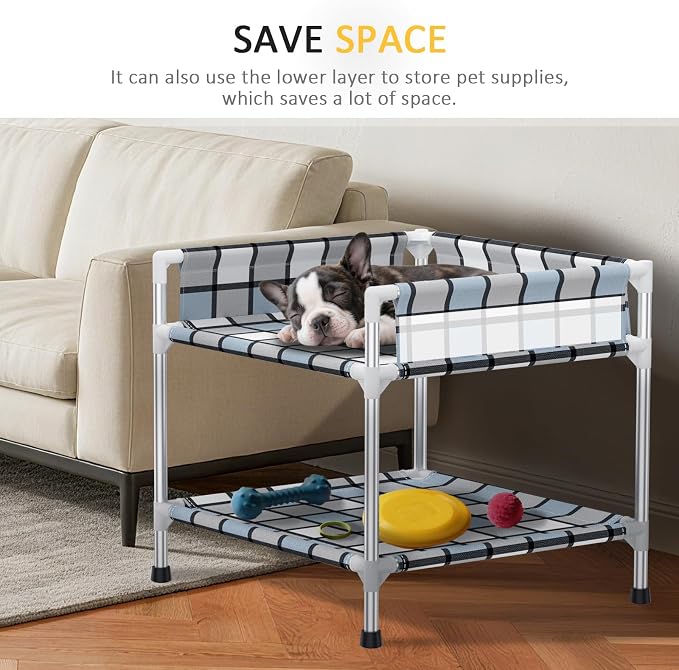 Bedside Dog Bunk Bed with Guardrail, 2 Layers Window Perch Sleeper Dogs Cot | 2-Tier Bedside Sleeper with 3-Fence, Double Elevated Human Dog Bed for Multi-Pet Households, Small