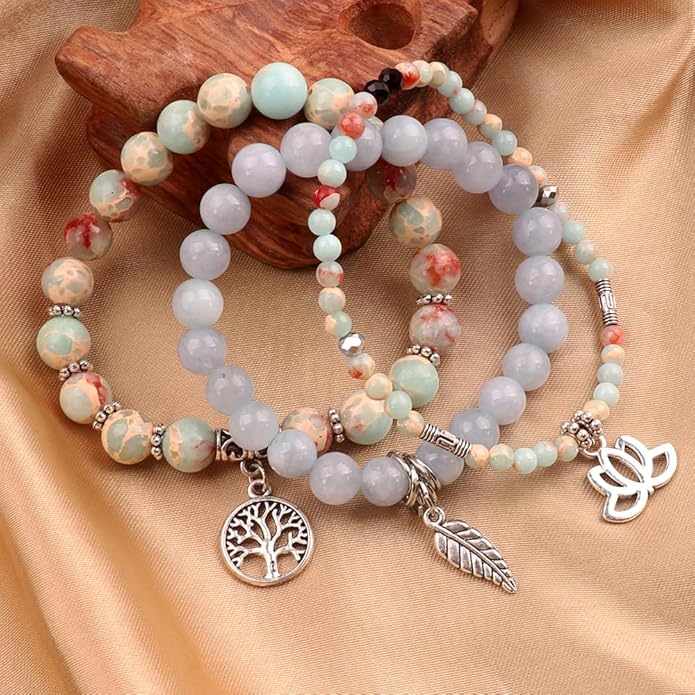 UEUC Tree of Life Yoga Healing Stone Bracelets,Multilayer Lotus Chakra Stone Reiki Bracelet Sets,Anxiety Crystal Natural Stone,for Women Stress Relief