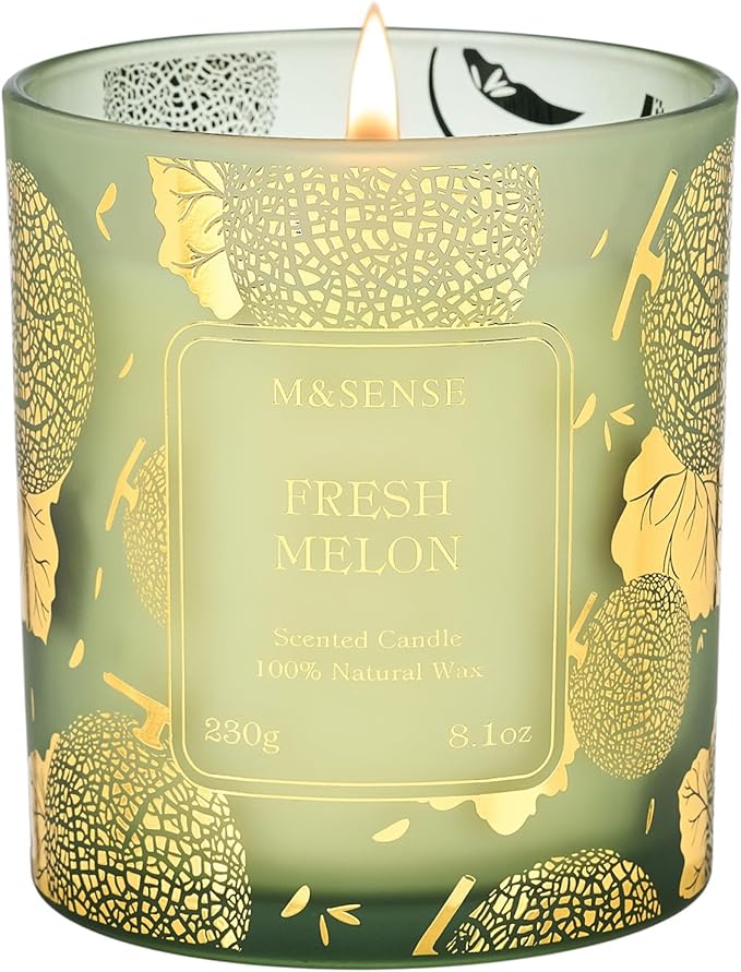 M&SENSE Fresh Melon Soy Candle, 8.1oz Gilded Glass Summer Refresh | 42H Long Lasting, Gilded Glass, Fresh Home Fragrance, Sensitive-Safe, Warmer Lamp Use, Reusable Jar