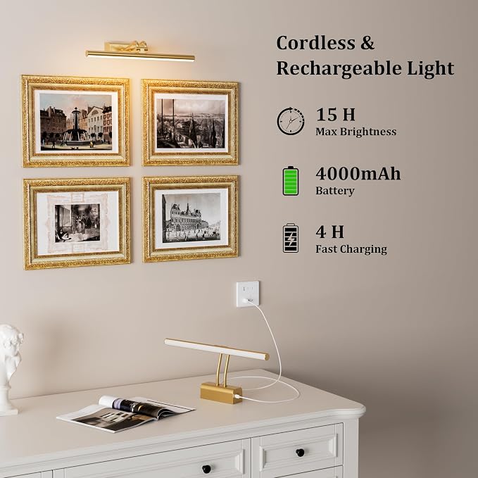 Battery Operated Wall Light, Set of 2, Gold, Remote Control | 13.8'' 4000mAh Cordless,Gold Wall Light, Magnetic for Easy to Charge,Timers, Display for Gallery Living Room Bedroom