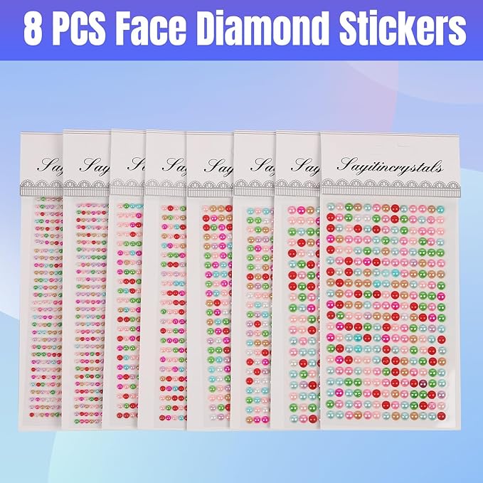 8 Sheets Rhinestone Stickers，3584 Pcs Gem Stickers for DIY Face Eyes Makeup Hair（Colored Pearl-3/4/5/6mm）