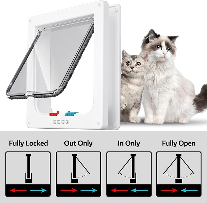 Extra Large Cat Door, Pet Door for Dog or Cat, 4 Switch Modes Locking Cat Door Interior Door Suitable for Window and Wall (White)