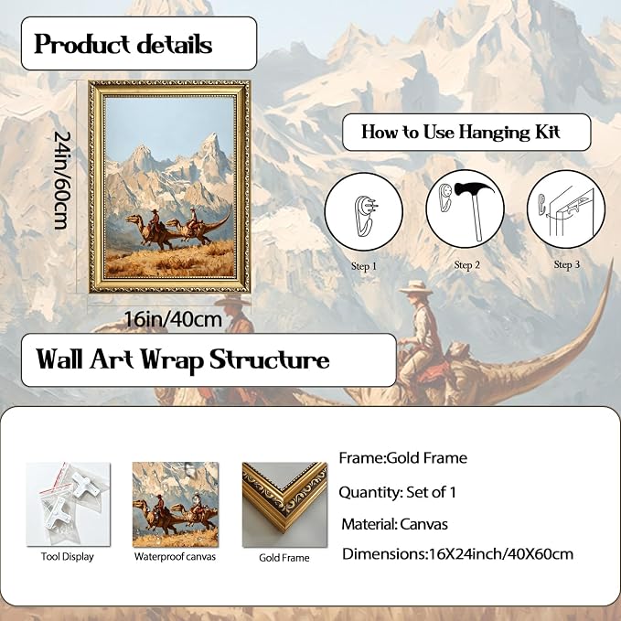 Gold Framed Dinosaur Cowboy Wall Art, Funny Western Cowboy Wall Decor Painting Vintage Southwestern Jurassic Canvas Prints Picture for Living Room Bedroom Farmhouse 16x24 Inch