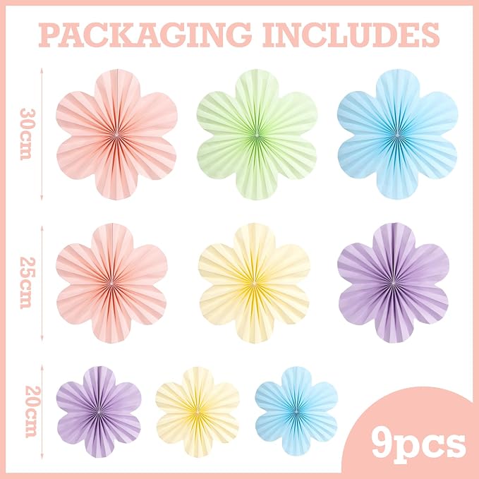 SUNBEAUTY Pastel Paper Flowers Decorations for Wall, Hanging Paper Fans Paper Floral Backdrop Decor Paper Fans Decoration Mothers Day Birthday Wedding Baby Shower, Set of 9