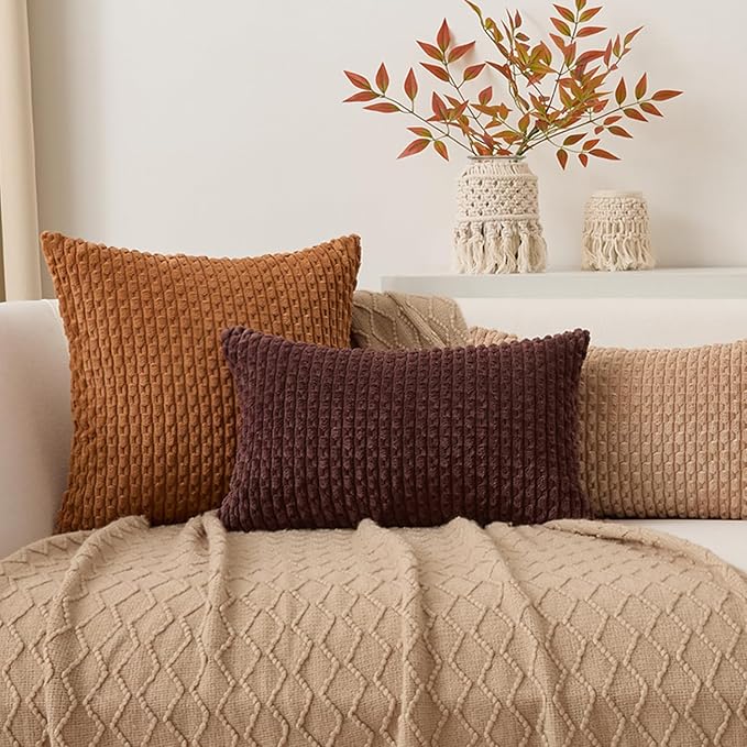 Kevin Textile Soft Corduroy 14"x24" Lumbar Pillow Cover 1 Pack, Coffee | Boho Stripe Plush Corduroy Decorative Oblong Cushion Cover Modern Farmhouse Home Decor for Sofa Couch Bed Chair