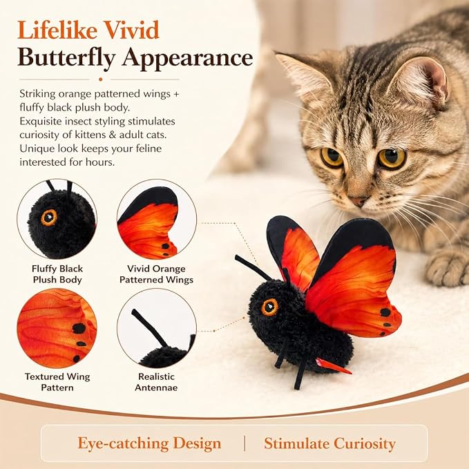 Smart Sensing Flapping Butterfly Toy Interactive Cat, Automatic Motion Sensor Cat Toy for Indoor, Realistic Flying Butterfly Pet Toy for Kittens Boredom Relief Exercise & Interactive Play (Orange)