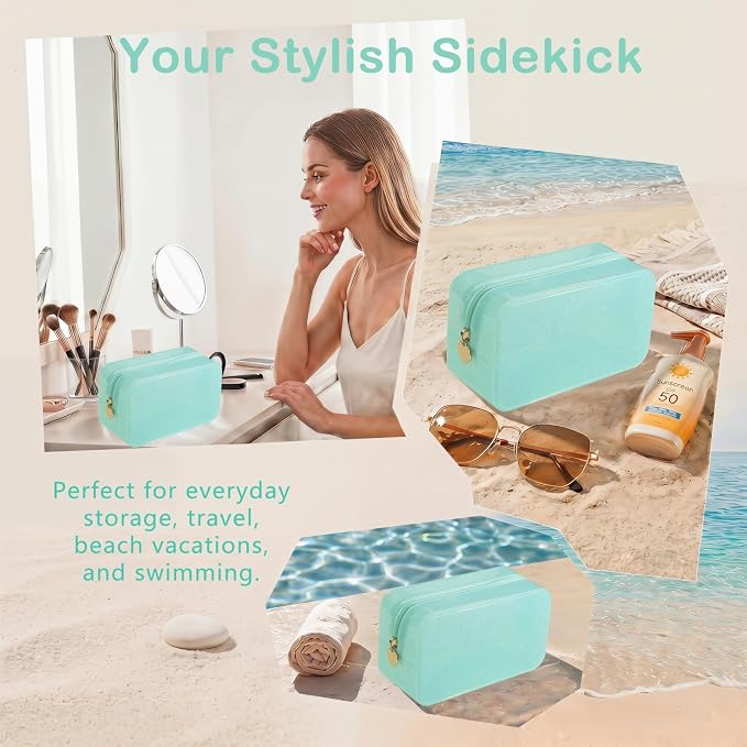 RSRSLEII Stardust Twinkle Jelly Travel Makeup & Toiletry Bag, Waterproof PVC Cosmetic Bag/Case for Women，Zipper SPF Beach Bag for Sunscreen Skincare and Daily Essentials (09Light Blue)