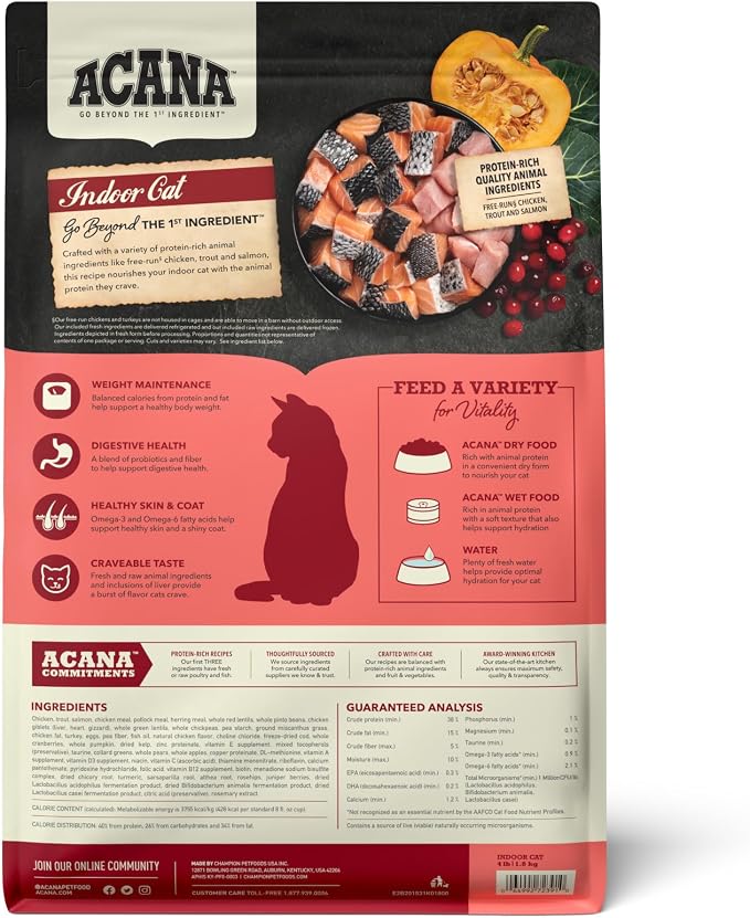 ACANA Highest Protein Dry Cat Food Indoor Cat Food Recipe 4lb Bag | Grain Free, High Protein, Made in the USA, Includes Probiotics, Omega-3 Fatty Acids, Skin & Coat, Digestive Health