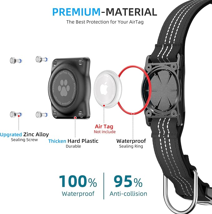 Upgrade Dog Collar with AirTag Holder, IP68 Waterproof, Black, S | Built-in Water Resistant AirTag holder, 1000D Nylon, Reflective Stitching for Night Visibility, Soft padding for Comfort