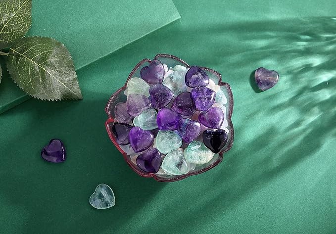 QINJIEJIE 20 PCS Fluorite Heart Healing Crystals Natural Polished Crystal Worry Stones Chakra Mini Cute Palm Love Gemstones Set Bulk Wholesale Reiki Energy Balancing Meditation Valentine's Day Gift