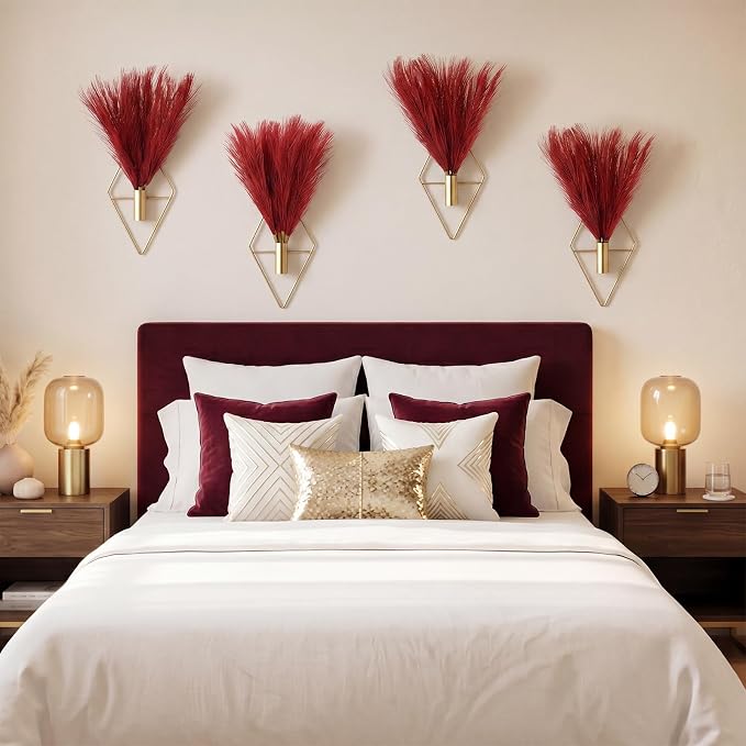 Hanaive 4 Sets Boho Wall Decor Metal Wall Art Hanging Planters with Artificial Pampas Display Modern Home Vase for Bedroom Home Office (Brilliant,Burgundy)