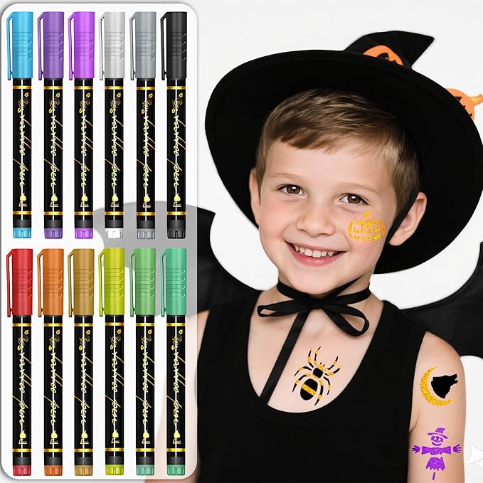Temporary Tattoo Markers for Skin, 12 Metal Body Markers + 169 Tattoo Stencils for Kids Adults, Flexible Brush Tip, Bright Colors, Cosmetic-Grade Tattoo Ink, Halloween Costume Party Face Makeup