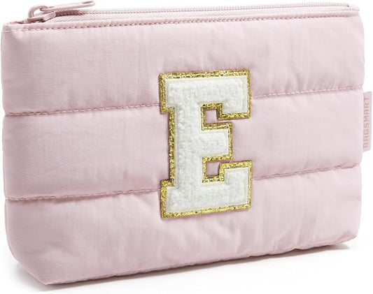 BAGSMART Personalized Makeup Bag with Initial, Pink Small Cosmetic Travel Organizer, Water-Resistant Pouch for Women & Teens for Bridesmaid Graduation (Initial-E, Small)