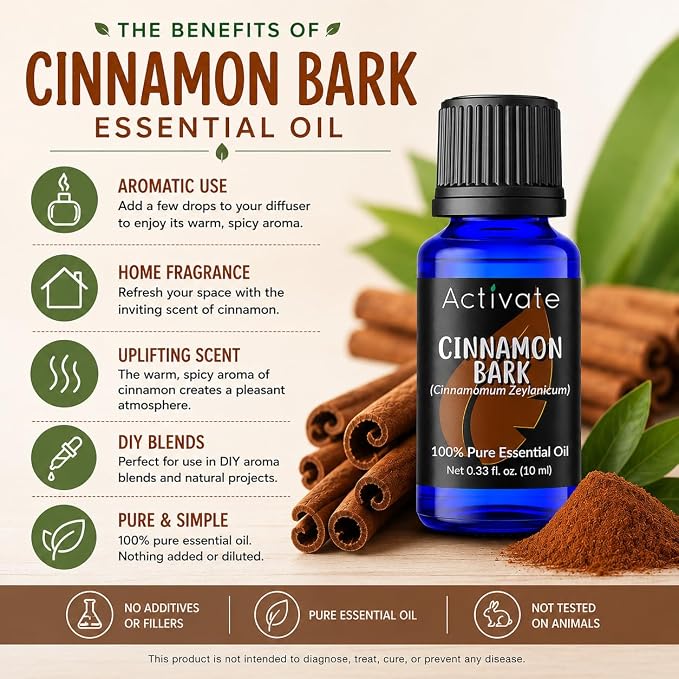 Cinnamon Bark Essential Oil 100% Pure Steam Distilled Ceylon Cinnamon Oil (Cinnamomum zeylanicum) for Diffuser, Aromatherapy, DIY Soap, Candles, Home Fragrance & Craft Projects, 10 mL33