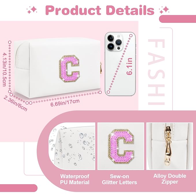 Small Initial Patch Makeup Bag Personalized Gifts Make Up Bag,White Cute PU Leather Glitter Letter Cosmetic Bag with Zipper,Trendy Portable Travel Toiletry Pouch,Preppy Stuff for Teen Girls Women C