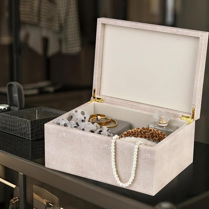 HofferRuffer Faux Leather Decorative Box, Large Wooden Structure Keepsake Box Accessory Organizer Jewelry Organizer with Hinged Lid, Storage Container for Home or Office (LightGrey Shagreen)