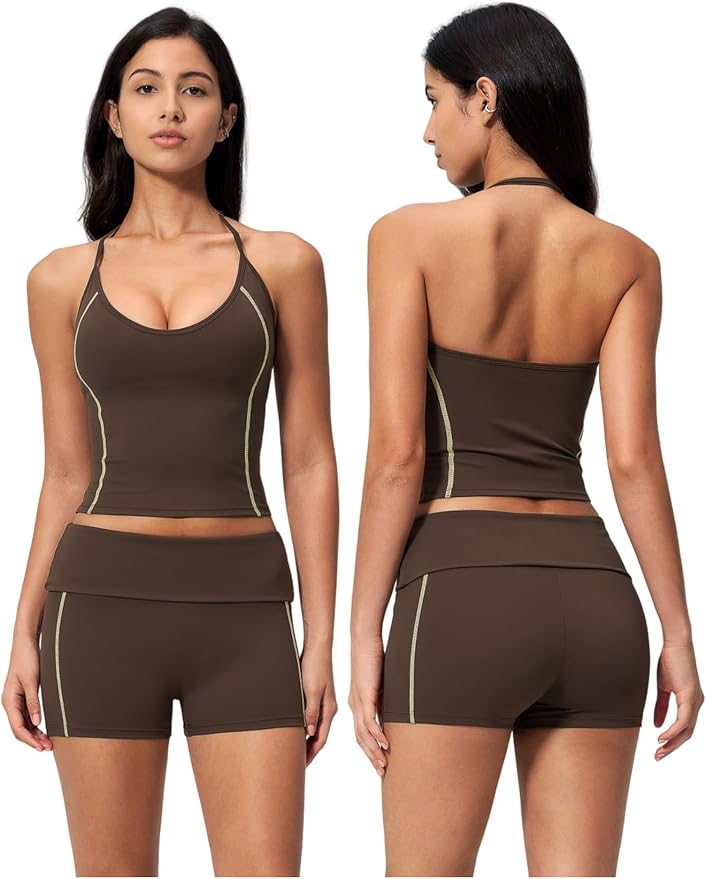 QBGJTD Women 2 Piece Workout Set Color Block Open Back Halter Top and High Waist Booty Lifting Shorts Yoga Outfit