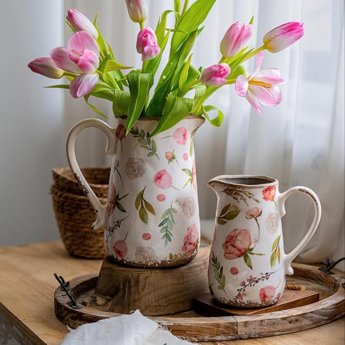 Vintage Fruit and Floral Ceramic Vase with Handle, Retro Ice Glazed Crack Farmhouse Pitcher Vase for Home Decor, Living Room, Shelf, Office, Rustic Table Centerpiece 7 Inch