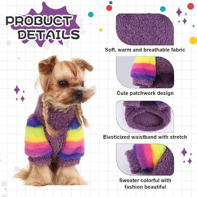 YIKEYO Dog Sweaters for Small Dogs, Chihuahua Fleece Clothes, Small Clothes Winter Warm Puppy Sweaters Boys Girls, Rainbow Sleeve Sweater,Tiny Dog Outfits for Teacup Yorkie(Purple, XX-Small)