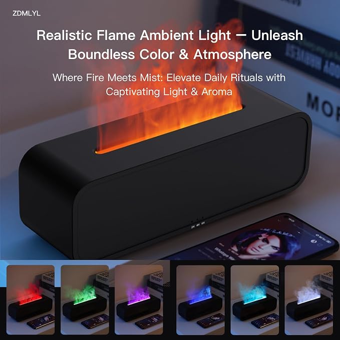 Sound Reactive Flame Aromatherapy Diffuser, 250ml Essential Oil Humidifier with Music Sync Lighting, 7-Color Flame Effects, Remote Control, Timer & Auto Shut-Off for Home, Bedroom, Yoga (Black)