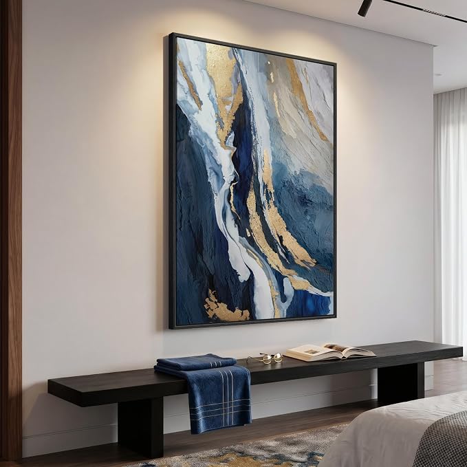 Extra Large Framed Navy Blue Abstract Wall Art for Living Room, Oversized Blue and Gold Vertical Canvas Prints Paintings Artwork for Walls, Modern Pictures Wall Decor for Bedroom Dining Room 40x60 In
