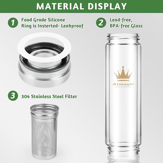 Tea Infuser Bottle for Loose Leaf Teas, 400 ml / 13.5 fl oz Double Wall Glass Tea Bottle with Infuser, Insulated Tea Tumbler with Infuser, Leak Proof Water Bottle with Protective Travel Sleeve