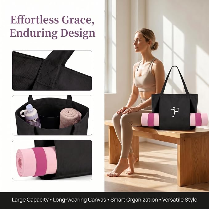 Yoga Bag - Pilates Bag With Mat Holder,for Women Canvas Tote Bag with Yoga Mat Carrier Pocket Large Gym Pilates Bag for Travel Office Beach Workout