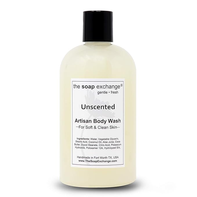 The Soap Exchange Body Wash - Unscented Fragrance Free - Hand Crafted 12 fl oz / 354 ml Natural Artisan Liquid Soap for Hand, Face & Body, Shower Gel, Cleanse, Moisturize, & Protect. Made in USA.