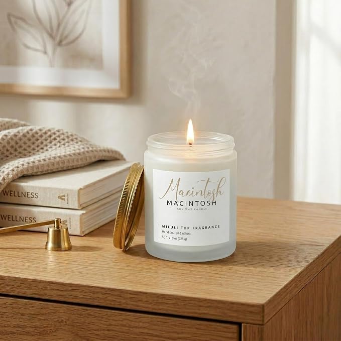 Macintosh Scented Candles for Home - 15% Essential Oil Luxury Aromatherapy - Handmade Natural Soy Wax Candle for Stress Relief & Relaxation - 9oz Frosted White Jar, 50H Clean & Non-Toxic Burn