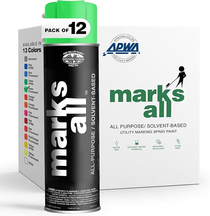 Fox Valley 18oz Marks All Solvent-Based Marking Paint Spray, 12-Pack Green Fluorescent – Long-Lasting, Weather-Resistant Spray Paint for Wet or Dry Surfaces Like Metal, Grass, Concrete, Wood, & More