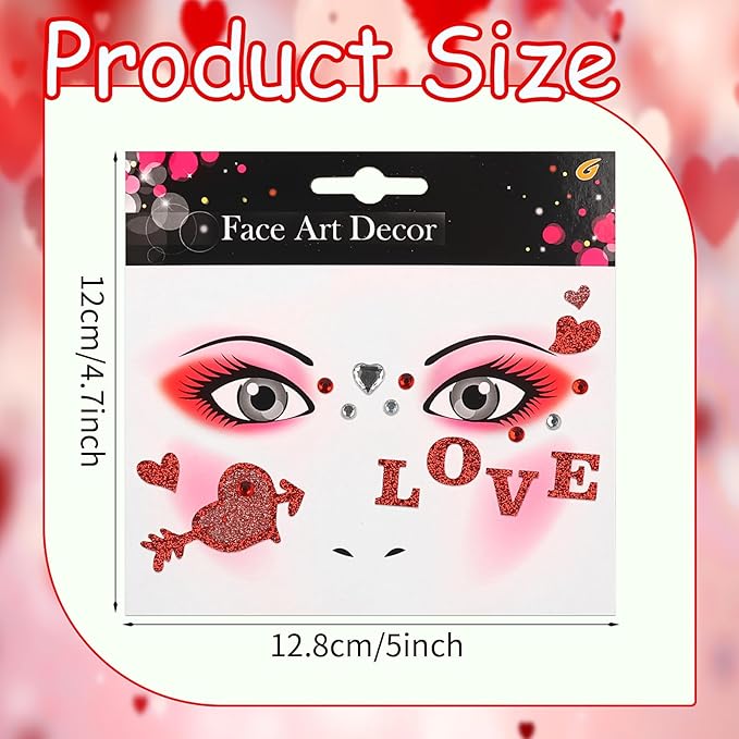 Valentine Face Gems Face Jewels Stickers Red Love Heart Lip Self Adhesive Eye Body Face Nail Hair Crystal Rhinestones for Makeup Festival Glitter Face Art Decor 2Sheets (style2)