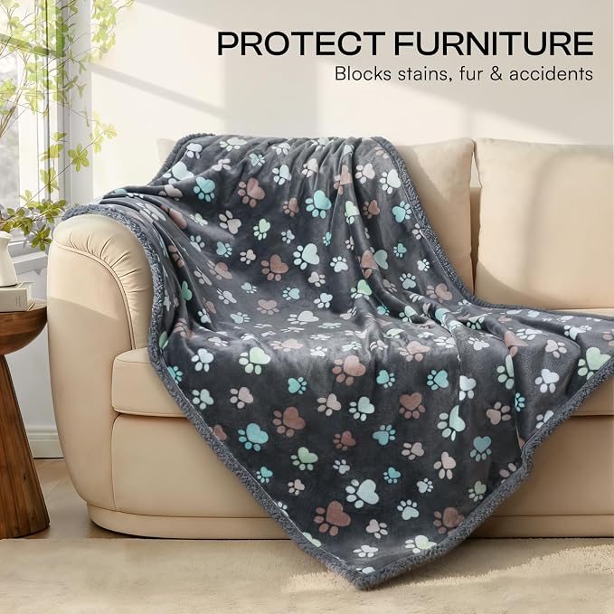 Luciphia Waterproof Dog Blanket Reversible Sherpa Fleece for Small Dogs Cat | Soft Print Pet Blanket Washable Pee Proof, Furniture Protector for Couch Sofa Bed Car, Cozy Throw(57" x 40", Grey Paw)