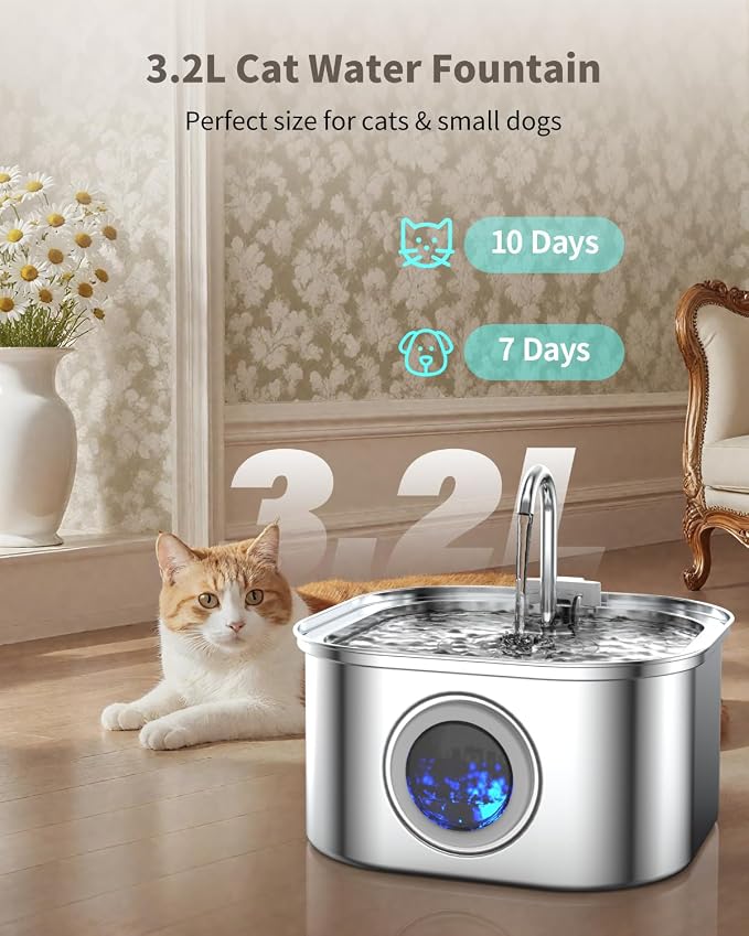 Stainless Steel Cat Water Fountain - 3.2L/108oz Cat Drinking Fountain | Quiet Cat Fountain for Indoor Cats and Small Dogs, Automatic Pet Water Dispenser Keeps Fresh Water