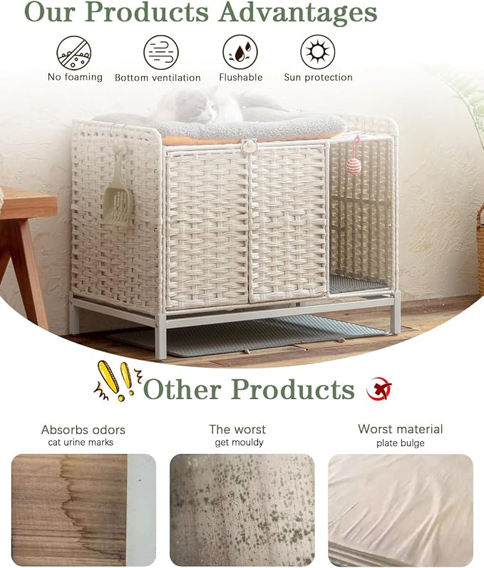 SETVSON Cat Litter Box Enclosure Furniture with Divider, Hidden House White | Handwoven PE Rattan with Washable Mat, 3.54-In Heightened Metal Feet, 31.2 x 19.6 x 24.2 Inches Spacious Cabinet