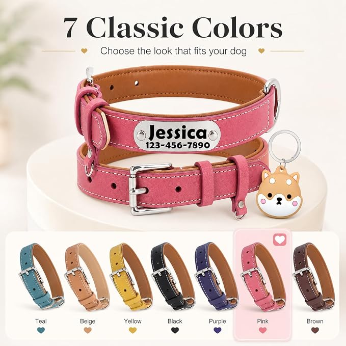 Personalized Leather Dog Collar with AirTag Holder Case, Custom Engraved Nameplate Dog Collar, Adjustable Genuine Leather Soft Padded Dog ID Collar for X-Small Small Medium Large X-Large Dogs-Pink-S
